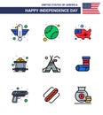Happy Independence Day Pack of 9 Flat Filled Lines Signs and Symbols for tent; rail; united; mine; usa