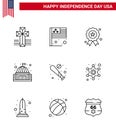 Happy Independence Day Pack of 9 Lines Signs and Symbols for baseball; white; independece; landmark; building