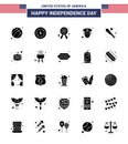 Happy Independence Day Pack of 25 Solid Glyph Signs and Symbols for sports; baseball; police; ball; officer