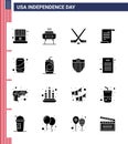 Happy Independence Day Pack Of 16 Solid Glyphs Signs And Symbols For Can; Usa; Hokey; American; File