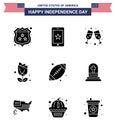 Happy Independence Day Pack of 9 Solid Glyphs Signs and Symbols for sport; ball; beer; plent; imerican Royalty Free Stock Photo
