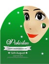 Happy independence day of pakistan with smiling girl face on beautiful background poster. vector illustration