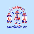 Happy Independence day Patriotic gnomes with letters USA, fireworks. Colors of american flag Vector illustration. Royalty Free Stock Photo