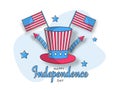 Happy Independence Day poster design with uncle sam hat, American Flags