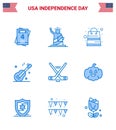 Happy Independence Day 4th July Set of 9 Blues American Pictograph of ice sport; american; bag; usa; guiter Royalty Free Stock Photo