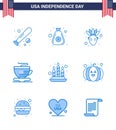 Happy Independence Day 4th July Set of 9 Blues American Pictograph of light; candle; cash; coffee; tea Royalty Free Stock Photo