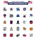 Happy Independence Day 4th July Set of 25 Flat Filled Lines American Pictograph of cream; sign; donkey; star; shield