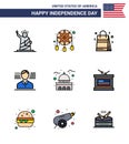 Happy Independence Day 4th July Set of 9 Flat Filled Lines American Pictograph of house; flag; western; american; american