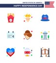 Happy Independence Day 4th July Set of 9 Flats American Pictograph of building; cowboy; cap; usa; date