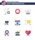 Happy Independence Day 4th July Set of 9 Flats American Pictograph of calendar; cook; building; bbq; white Royalty Free Stock Photo