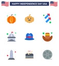 Happy Independence Day 4th July Set of 9 Flats American Pictograph of american; hat; firework; white; landmark