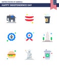 Happy Independence Day 4th July Set of 9 Flats American Pictograph of star; badge; limonade; badge; celebration