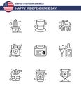 Happy Independence Day 4th July Set of 9 Lines American Pictograph of date; calender; elephent; wedding; love