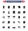 Happy Independence Day 4th July Set of 25 Solid Glyph American Pictograph of drink; usa; scroll; eagle; animal