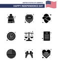 Happy Independence Day 4th July Set of 9 Solid Glyphs American Pictograph of justice; badge; usa; eagle; bird