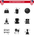 Happy Independence Day 4th July Set of 9 Solid Glyphs American Pictograph of american; transport; american; spaceship; launcher
