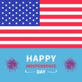 Happy independence day United states of America. 4th of July. Star and strip american flag. Firework icon. Blue background. Flat d Royalty Free Stock Photo