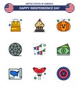 Happy Independence Day USA Pack of 9 Creative Flat Filled Lines of buntings; american; thanksgiving; video; movis Royalty Free Stock Photo