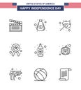 9 USA Line Pack of Independence Day Signs and Symbols of bottle; sign; camping; star; badge Royalty Free Stock Photo