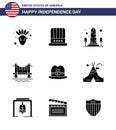 Happy Independence Day USA Pack of 9 Creative Solid Glyphs of cap; cityscape; monument; city; bridge