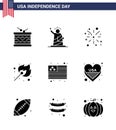 Happy Independence Day USA Pack of 9 Creative Solid Glyphs of outdoor; fire; statue; camping; american