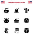 Happy Independence Day USA Pack of 9 Creative Solid Glyphs of sticks; drum; cactus; hat; american