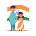 Happy Independence Day! Vector art image of a couple dressed traditionally posing in front of a flag banner