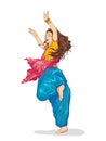 Happy Indian belly dancer in exotic outfit. Vector colorful illustration.