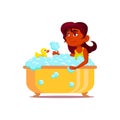 happy indian girl child washing in bath with bubbles and duck toy cartoon vector