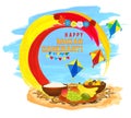 Happy Indian Makar Sankranti -greeting background with kites, indian sweets and fruits.