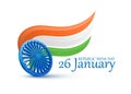 Happy Indian Republic Day celebration. 3D Ashoka Wheel covered by national tricolor ribbon for 26 January.