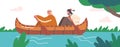 Happy Indigenous Indian American Kids Rowing on Kayak or Canoe by River. Native Children Characters Wear Costumes Royalty Free Stock Photo