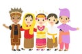 Happy Indonesian Children in Traditional Dress Cartoon Vector