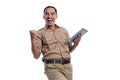 Happy indonesian government worker using tabletp pc