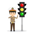 Happy Indonesian Police Character Stand Beside Traffic Lamp