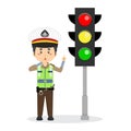 Happy Indonesian Traffic Police Character Stand Beside Traffic Lamp