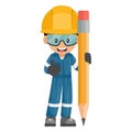 Happy industrial mechanic worker with giant pencil showing thumb up. Creative concept for project management. Industrial safety