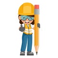 Happy industrial woman worker with giant pencil showing thumb up. Creative concept for project management. Industrial safety and