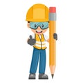 Happy industrial worker with giant pencil showing thumb up. Creative concept for project management. Industrial safety and