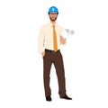 Happy industrial worker in uniform and hard hat holding building plan