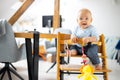 Happy infant sitting and playing with his toy in traditional scandinavian designer wooden high chair in modern bright Royalty Free Stock Photo