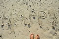 Happy inscription written on white sand beach. Sunny seaside vacation day.