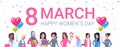 Happy Intenational Women Day Horizontal Banner Group Of Diverse Girls Smiling