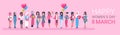 Happy Intenational Womens Day Horizontal Banner Group Of Diverse Girls Over Pink Background