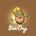 Happy international beer day banner with cartoon funny potato character holding beer bottle isolated on abstract dotted Royalty Free Stock Photo