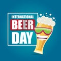 Happy international beer day banner or poster with cartoon funny beer glass friends characters with sunglasses isolated Royalty Free Stock Photo