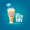 Happy international beer day banner or poster with cartoon funny beer glass friends characters with sunglasses isolated Royalty Free Stock Photo