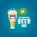 Happy international beer day banner or poster with cartoon funny beer glass friends characters with sunglasses isolated Royalty Free Stock Photo