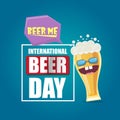 Happy international beer day banner or poster with cartoon funny beer glass friends characters with sunglasses isolated Royalty Free Stock Photo