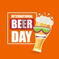 Happy international beer day banner or poster with cartoon funny beer glass friends characters with sunglasses isolated Royalty Free Stock Photo